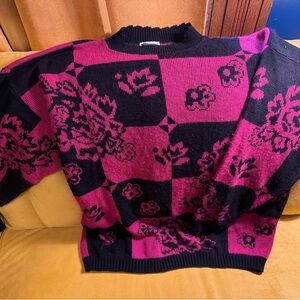 Vintage Floral Patterned Black and Pink Sweater- Fair condition
